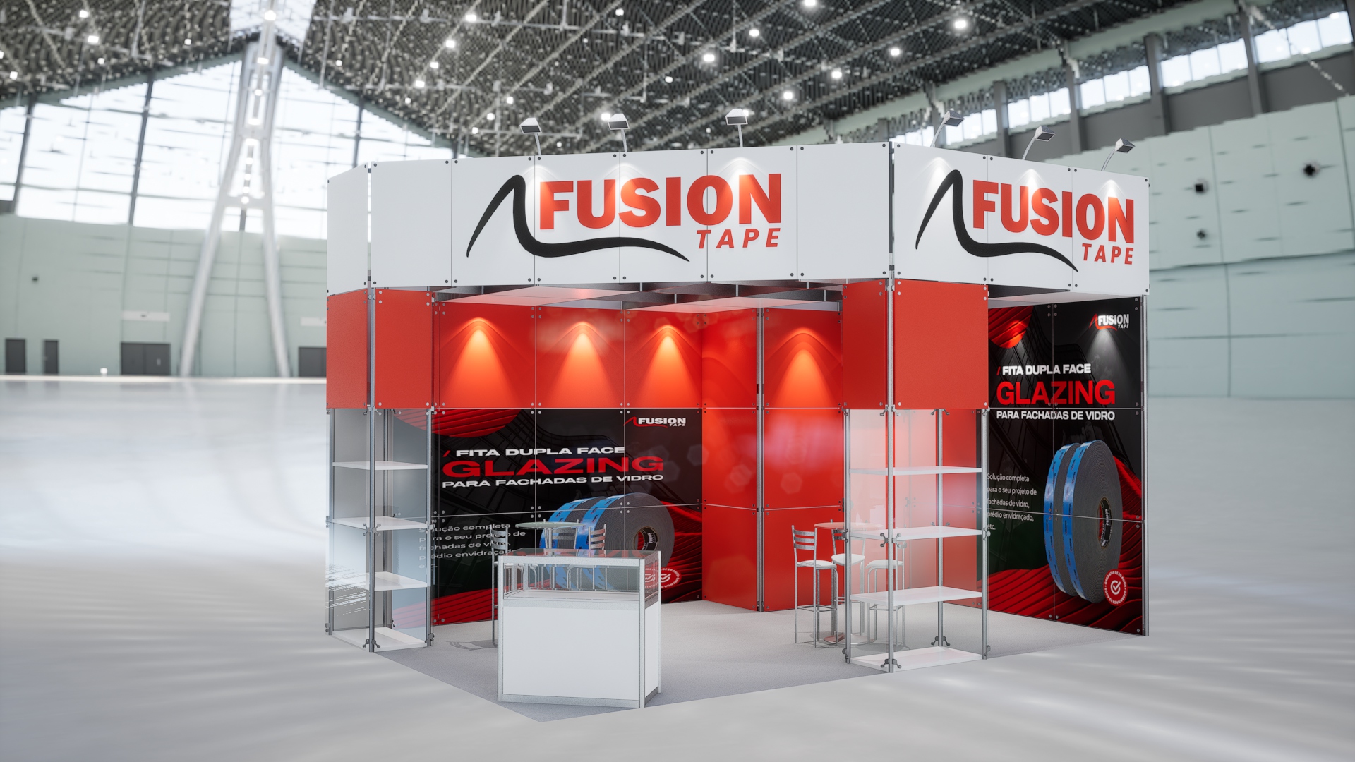 Projeto do estande Fusion Tape na FESQUA 2026, com painéis vermelhos, testeira com a logo e vitrines de produto